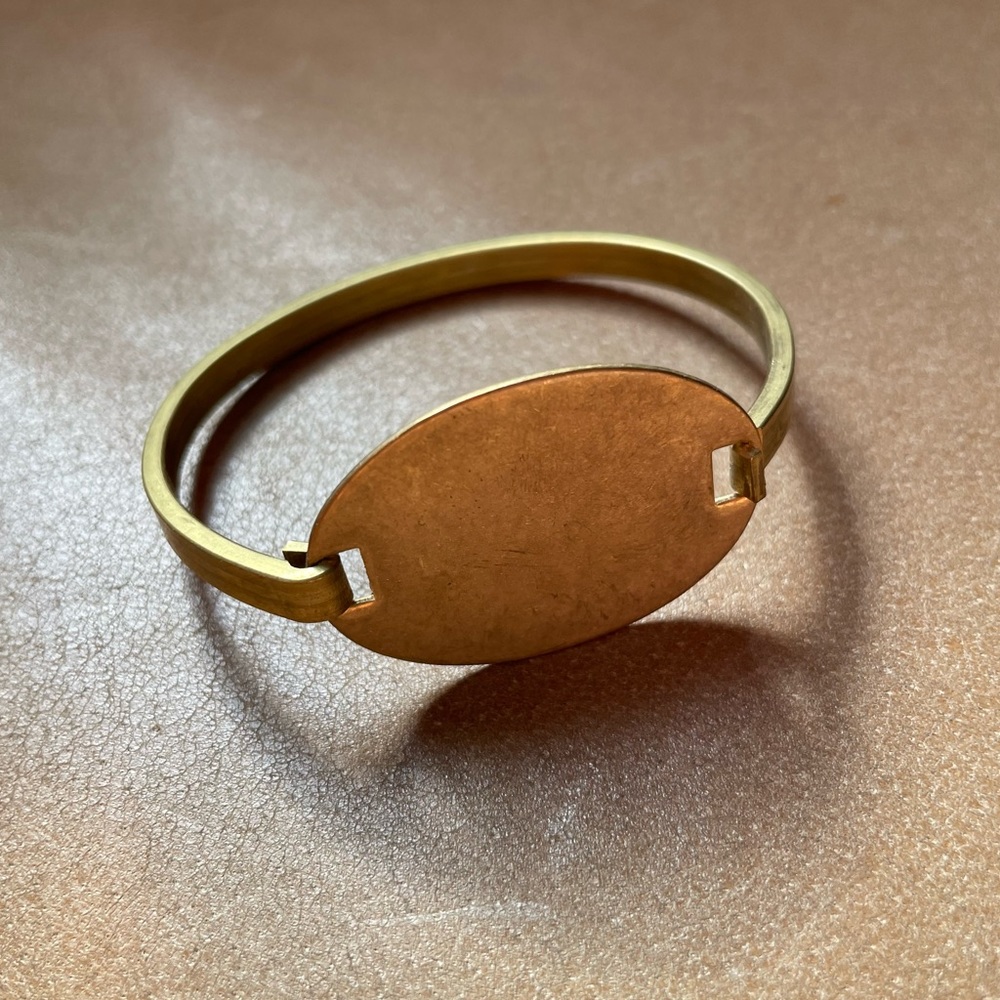 Vintage oval hinge brass cuff bracelet bangle layer boho gold ID signet
